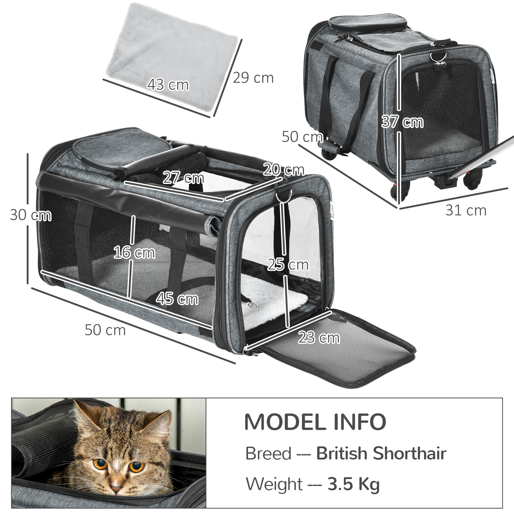 PawHut 4 in 1 Pet Carrier Portable Cat Carrier Foldable Dog Bag On Wheels for Cats, Miniature Dogs w/ Telescopic Handle, Grey