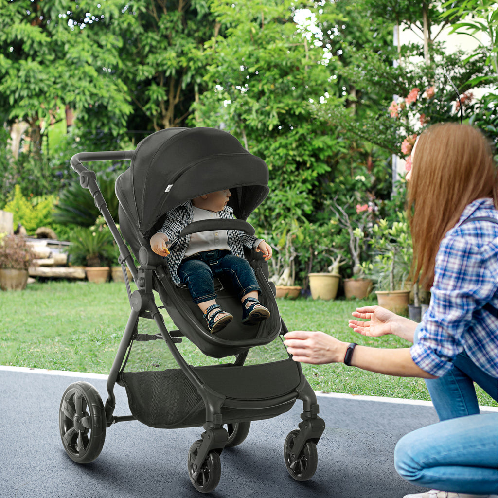 HOMCOM 2 in 1 Lightweight Pushchair w/ Reversible Seat, Foldable Travel Baby Stroller w/ Fully Reclining From Birth to 3 Years, 5-point Harness Black