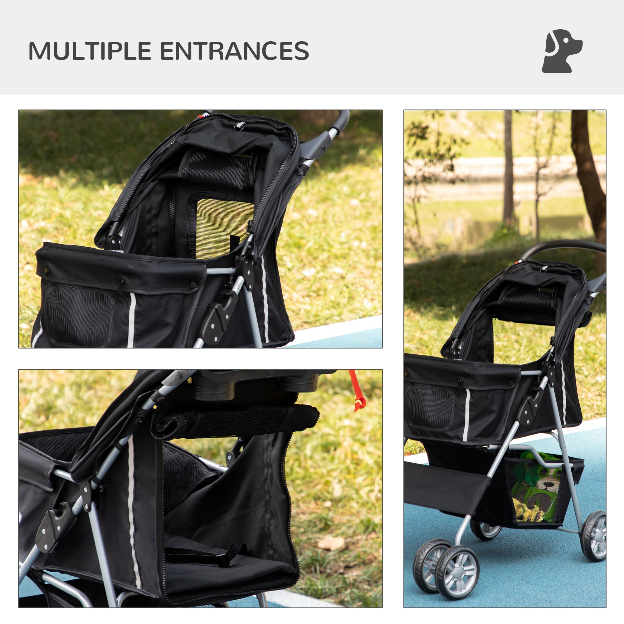 PawHut Pet Stroller Dog Pushchair Foldable Travel Carriage for Small Miniature Dogs Cats w/ Zipper Entry Cup Holder, Black
