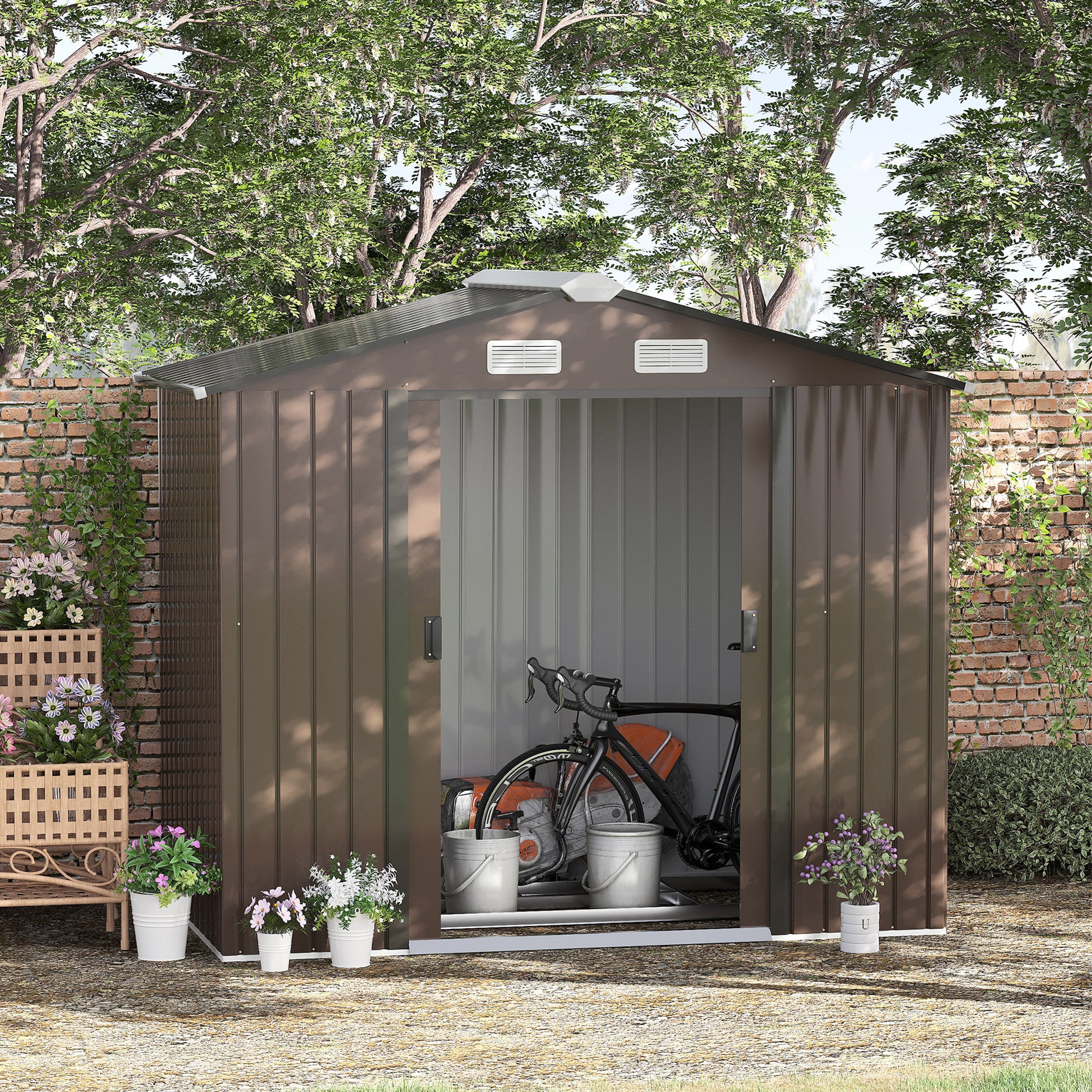 Outsunny 7ft x 4ft Lockable Garden Metal Storage Shed Large Patio Roofed Tool Storage Building Foundation Sheds Box Outdoor Furniture, Brown