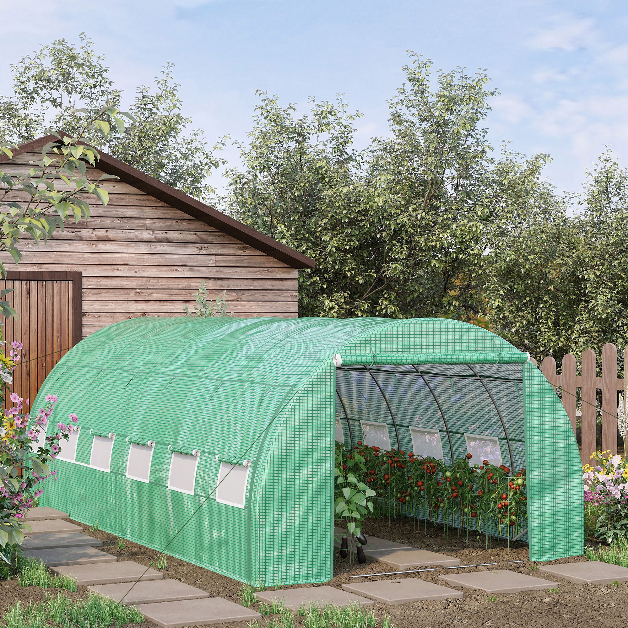 Outsunny Polytunnel Greenhouse Walk-in Grow House Tent with Roll-up Sidewalls, Zipped Door and 12 Windows, 6x3x2m Green