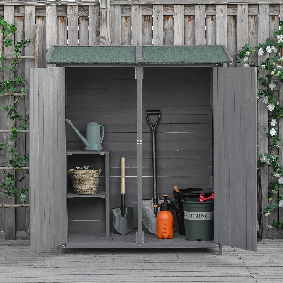 Outsunny Wooden Garden Storage Shed Lockable Tool Cabinet Organizer w/ Storage Table, Double Door, 139 x 75 x 160 cm, Grey - Inspirely