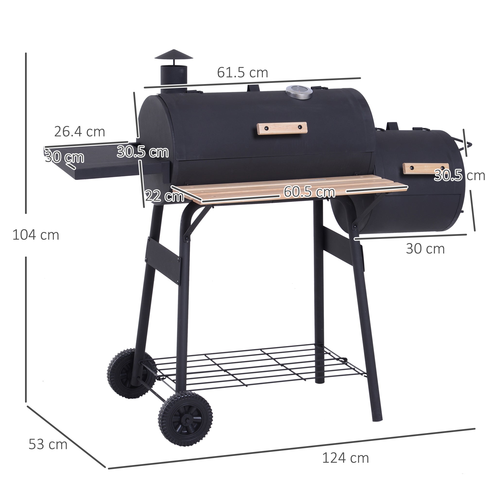 Outsunny Charcoal Barbecue Grill Garden Portable BBQ  Trolley w/ Offset Smoker Combo, Handy Shelves and On-lid Thermometer - Inspirely