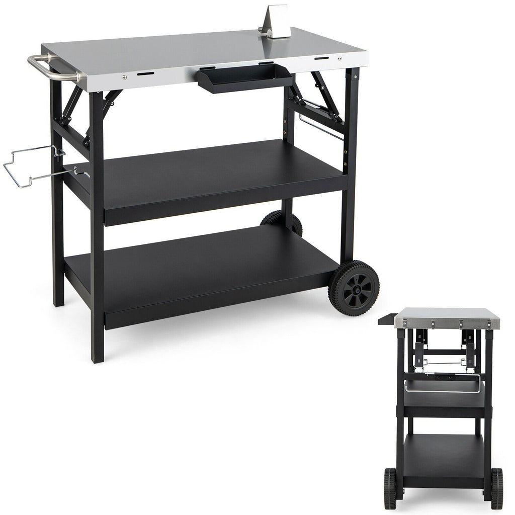 3 Tier Foldable Stainless Outdoor Cart with 2 Wheels Black