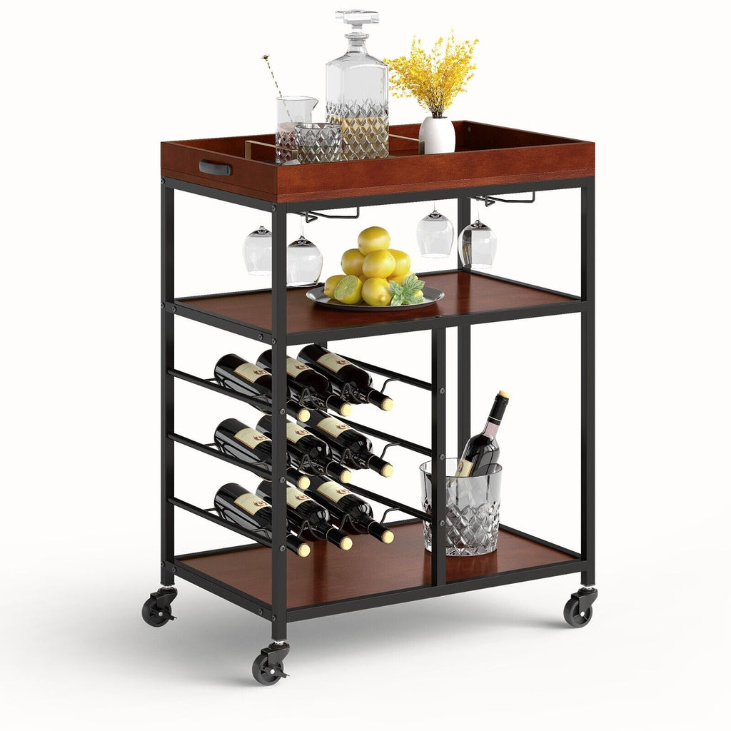 3 Tier Kitchen Island Storage Cart with Wine Rack and Glass Holder