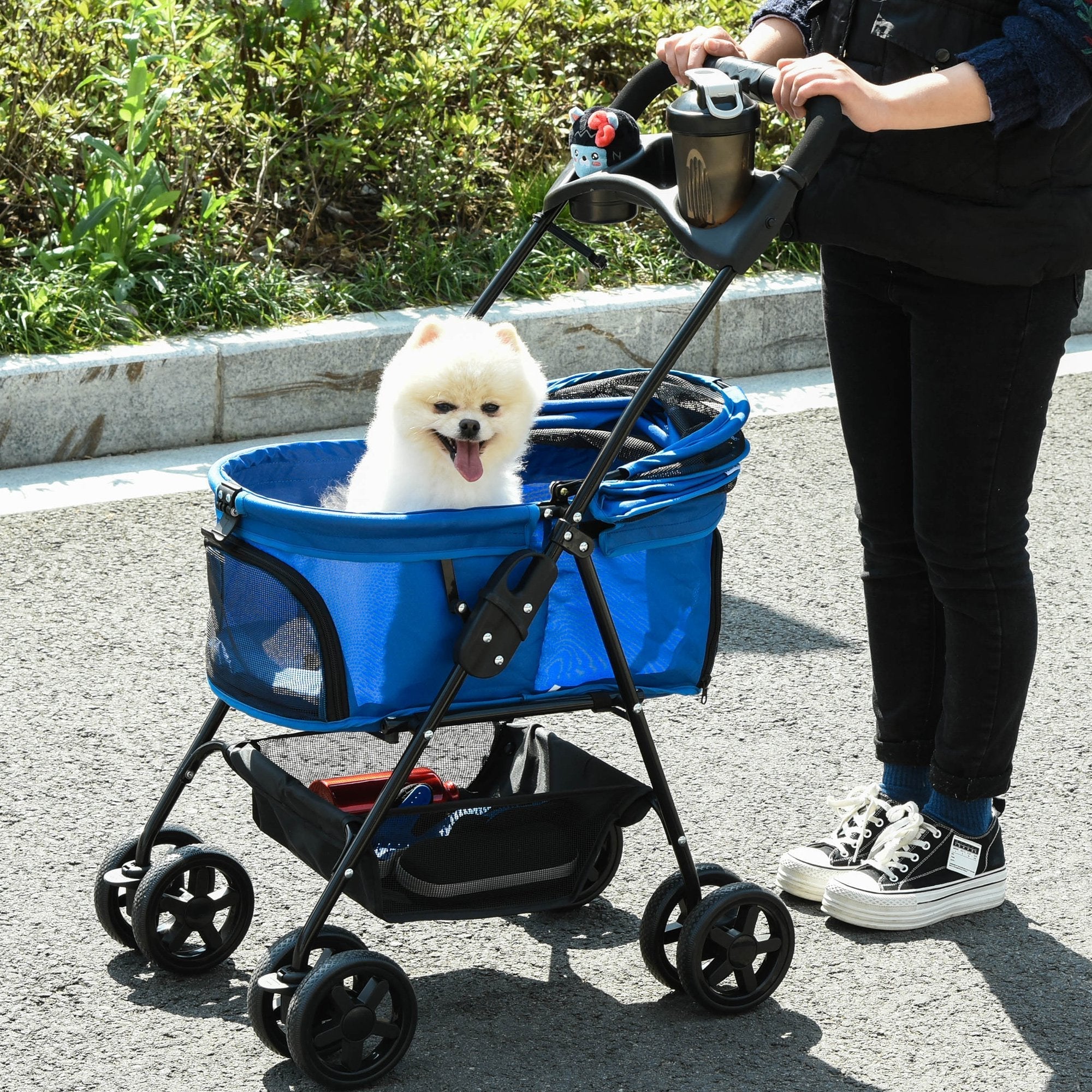 Pet Stroller Pushchair No-Zip Foldable Travel Carriage with Brake Basket Adjustable Canopy Blue - Inspirely