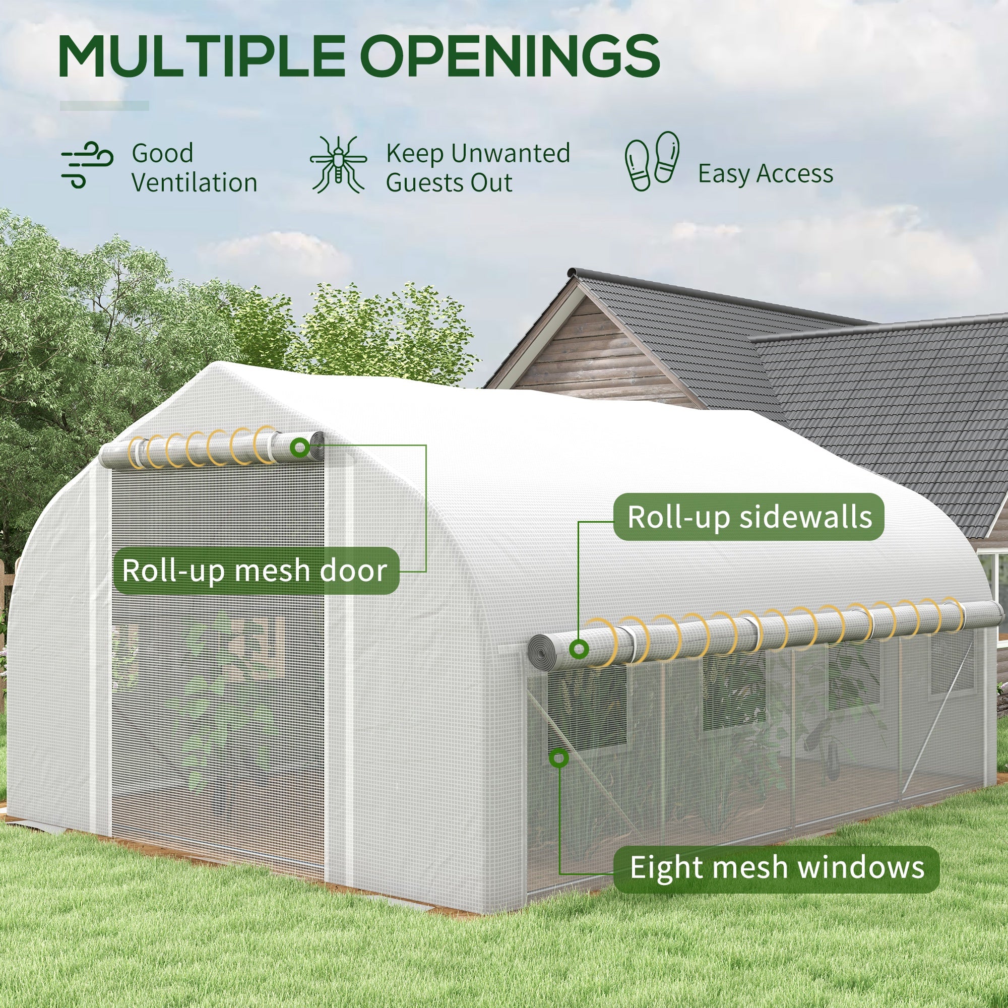 Outsunny 4 x 3(m) Walk-in Polytunnel Greenhouse, Zipped Roll Up Sidewalls, Mesh Door, 8 Mesh Windows, Tunnel Warm House Tent with PE Cover, Complimentary Plant Labels and Gloves, White