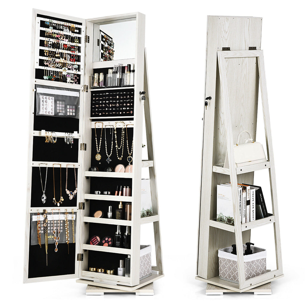 Full Length Mirrored Jewellery Cabinet Rotates 360° with Open Display Shelves-White