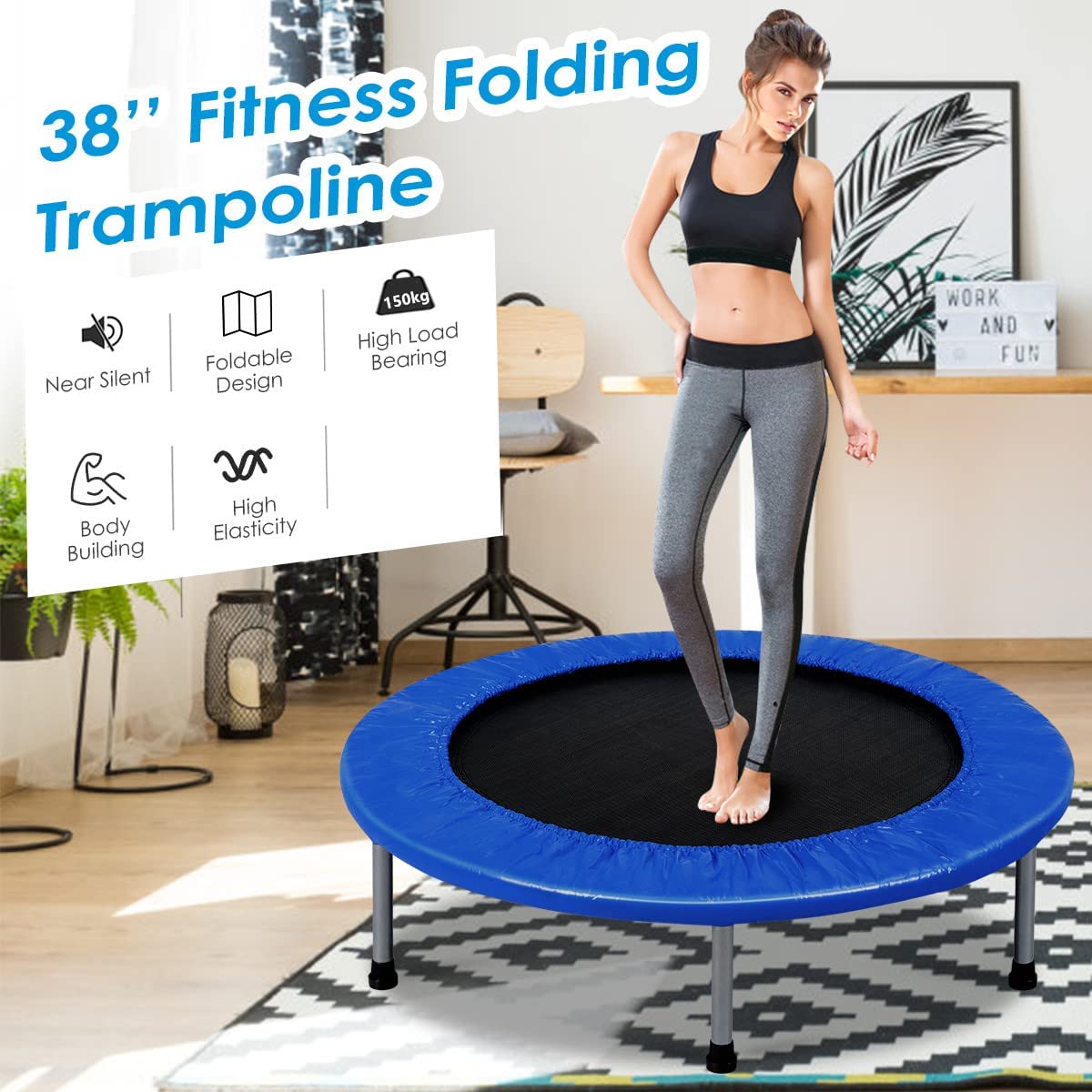Foldable Mini Trampoline with Springs and Padded Cover Blue