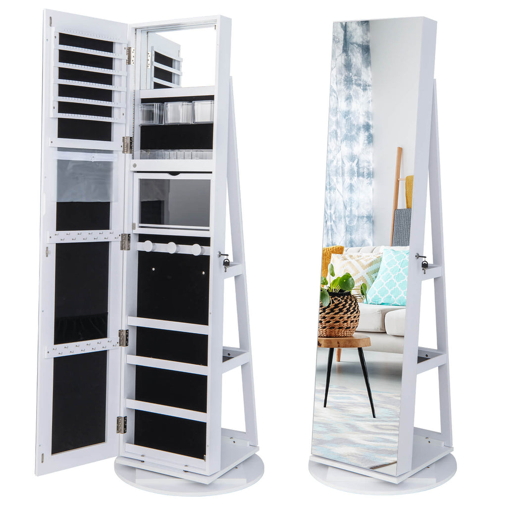 360-Degree Mirrored Jewelry Armoire with 3-Color Auto-on LED Lights-White