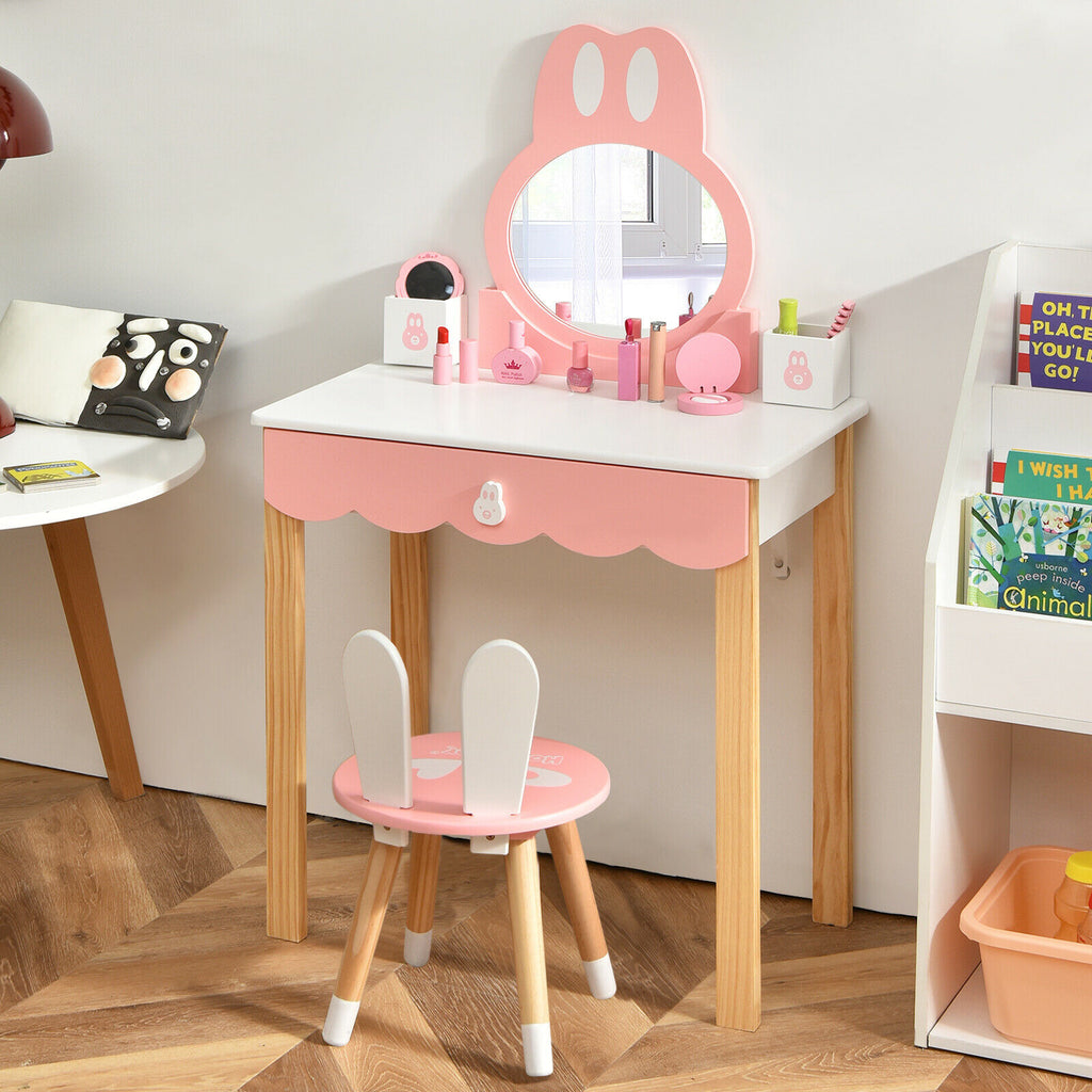 Kids Vanity Table and Chair Pretend Play with Mirror and Drawers-White