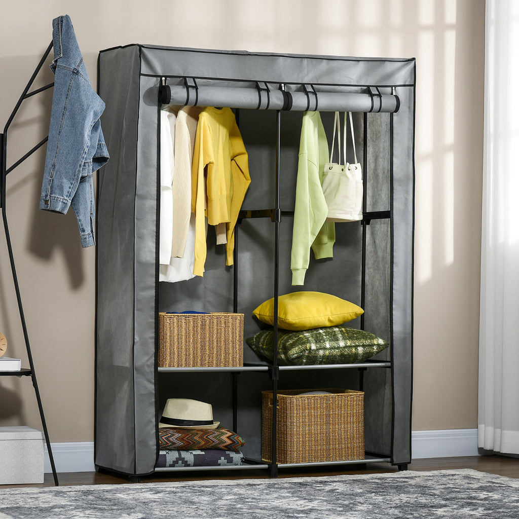 HOMCOM Fabric Wardrobe, Portable Fabric Cabinet, Foldable Coat Rack with 4 Shelves, 2 Hanging Rails, 118 x 49 x 170 cm, Light Grey