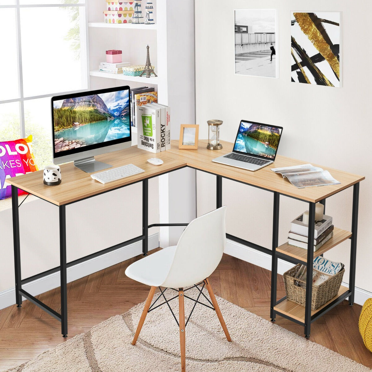 L-Shaped Corner Computer Desk with 2-Tier Storage Shelf-Natural
