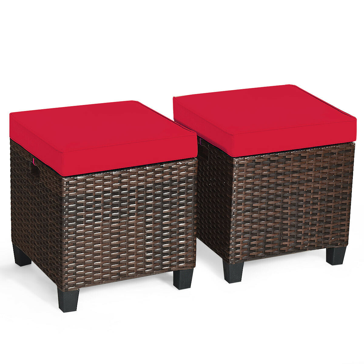 Set of 2 Outdoor Rattan Ottoman Chair Seat with Padded Cushions Red
