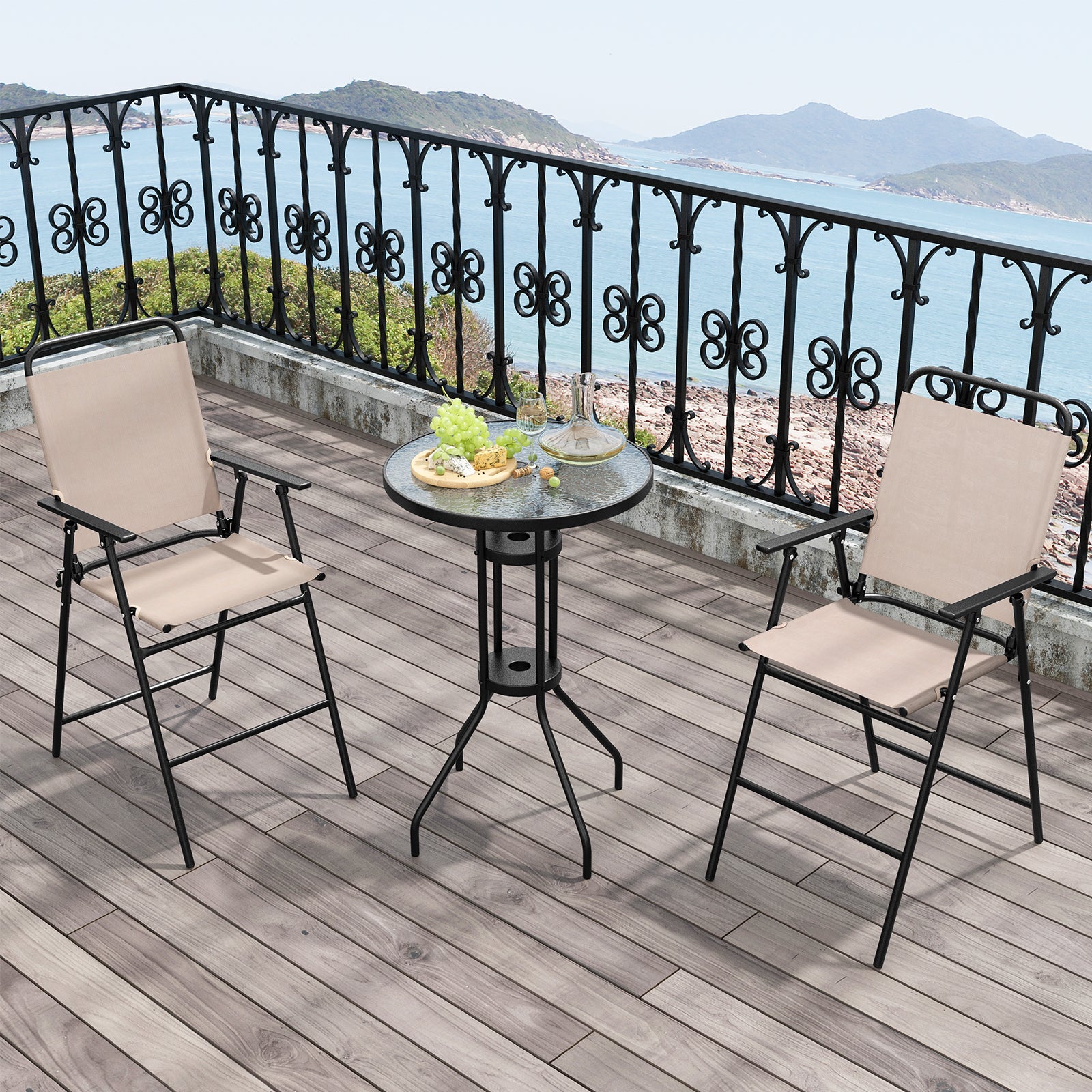 3 PCS Outdoor Bistro Set Patio Bar Table with 2 Folding Chairs-Beige