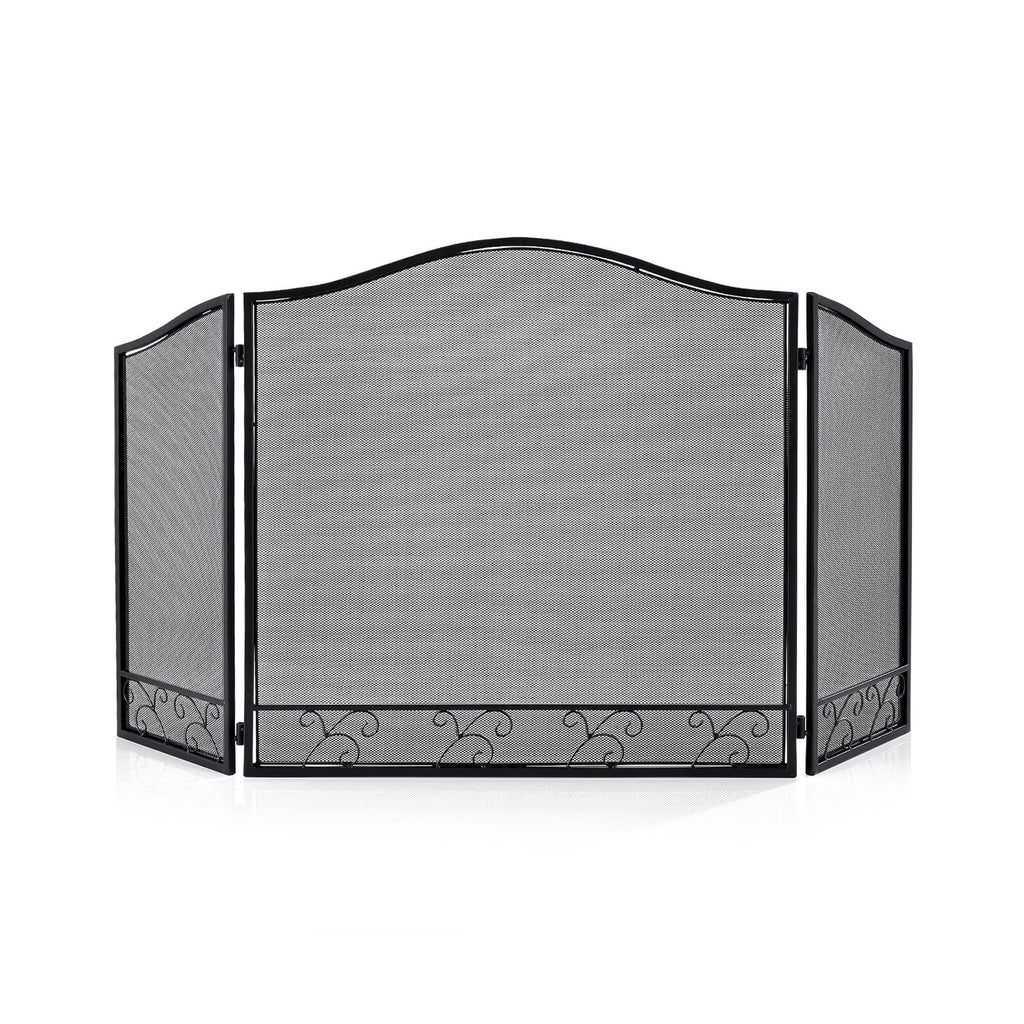 3 Panel Iron Folding Fireplace Screen Fence with Flexible Hinges-Black