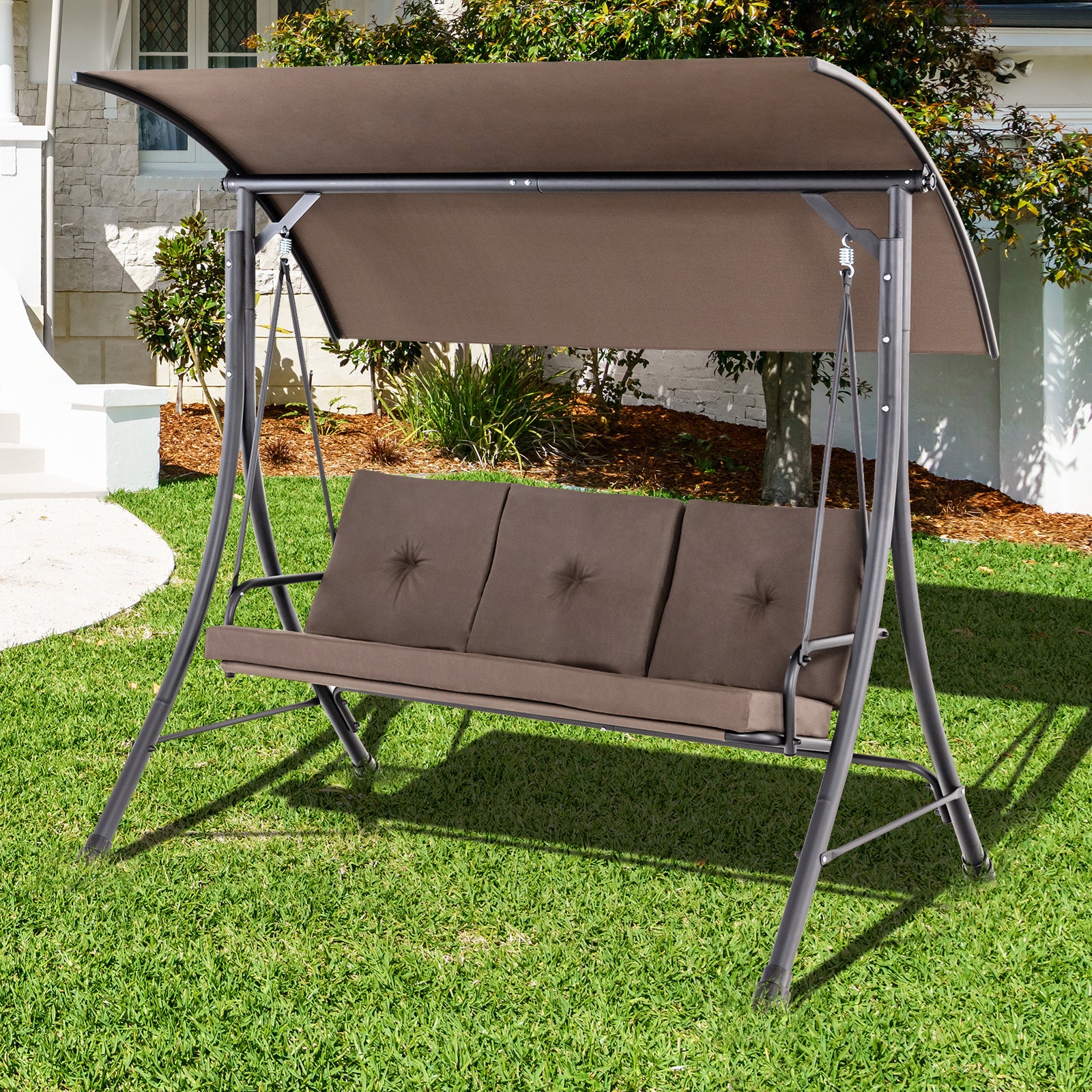 3-Person Patio Porch Swing  with Weatherproof and Adjustable Polyester Canopy-Brown