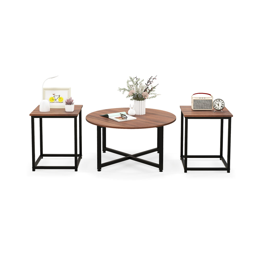3-Piece Coffee Table Set with Heavy-duty Metal Frame-Walnut