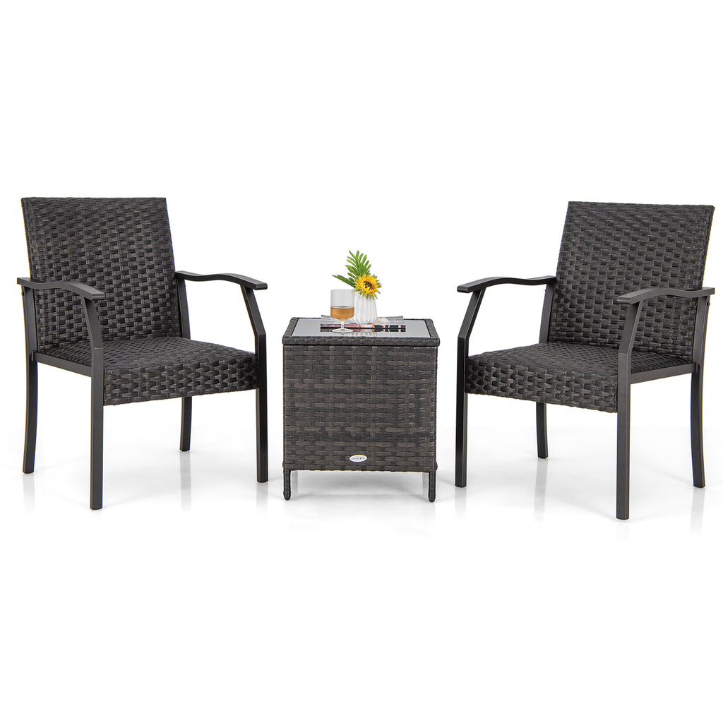 3 Piece Patio Wicker Chair Set with Cushioned Seat