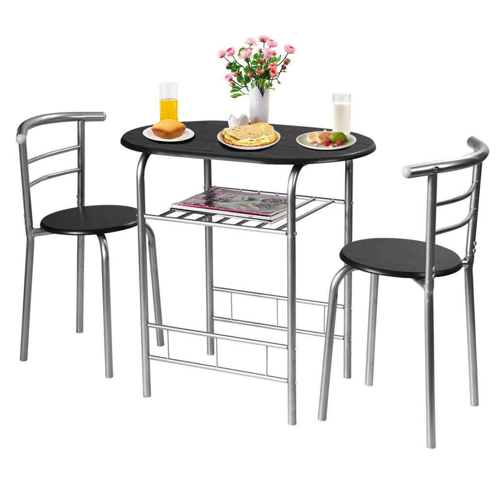 3 Pieces Compact Dining Set with Storage Shelf for Kitchen Bars-Black & Silver