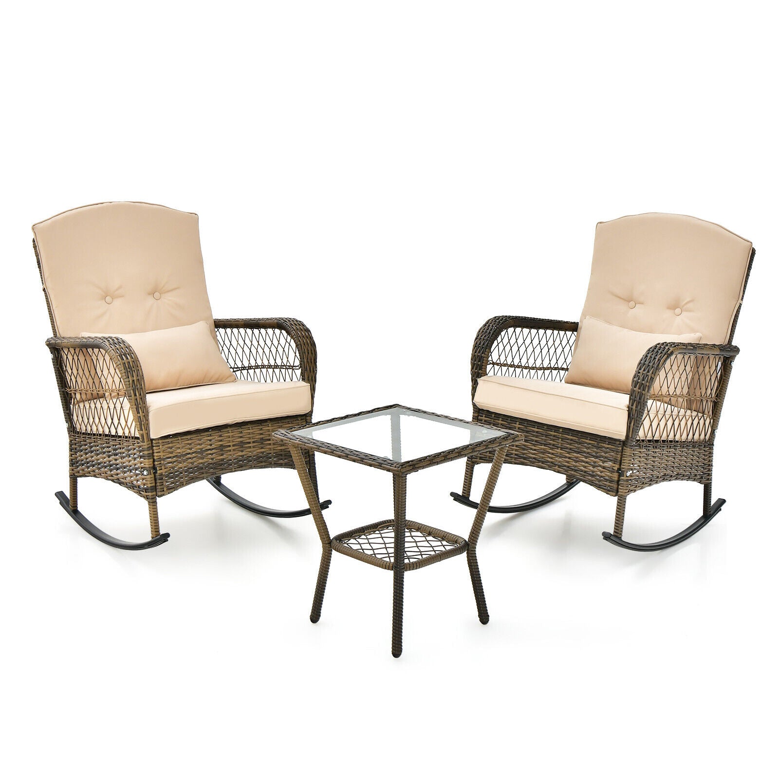 3 Piece Outdoor Rocking Chair Set with Cozy Cushions and Pillow-Beige