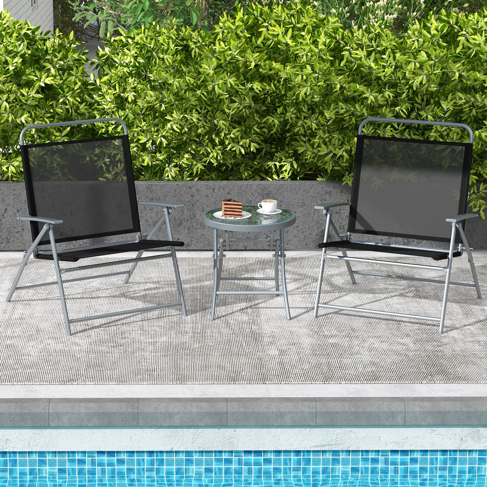 3 Pieces Foldable Patio Bistro Set with Glass Tabletop