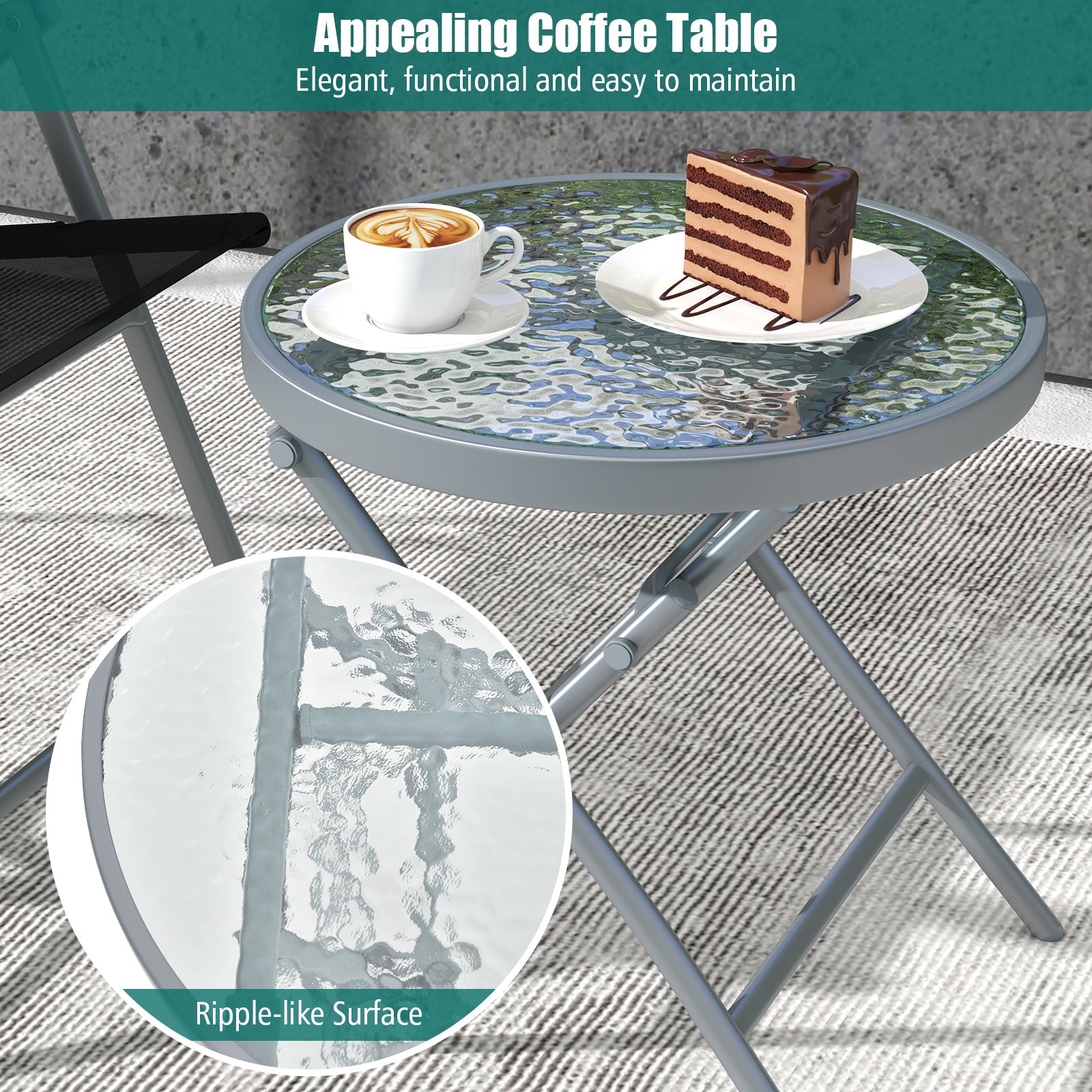 3 Pieces Foldable Patio Bistro Set with Glass Tabletop