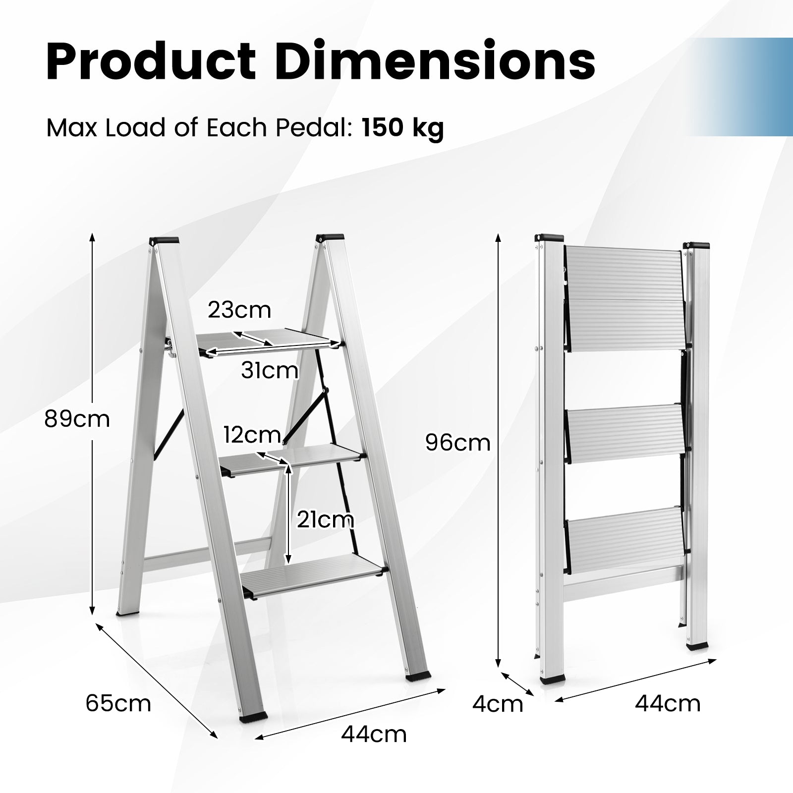 3 Step Folding Ladder with Wide Anti-Slip Pedal-Silver