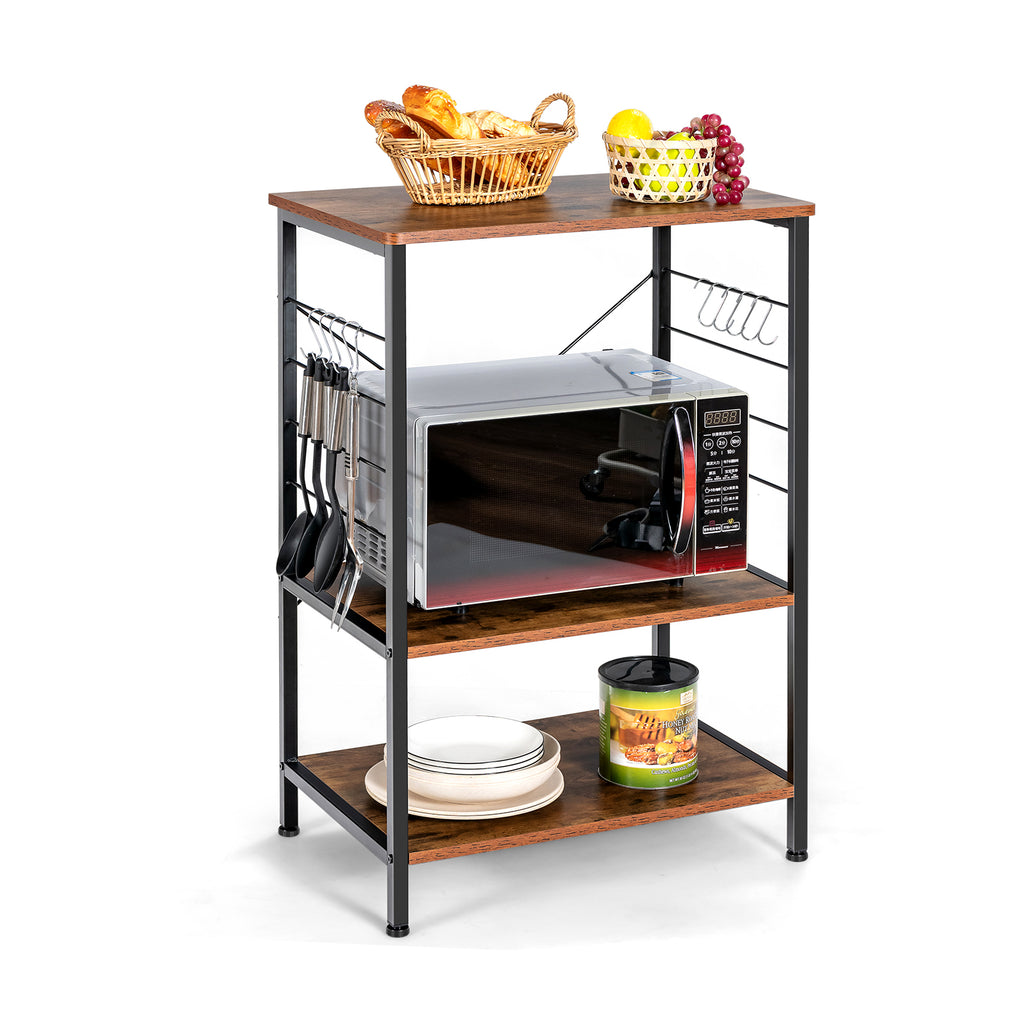 3-Tier Microwave Stand with 10 Hanging Hooks and Open Shelves-Brown
