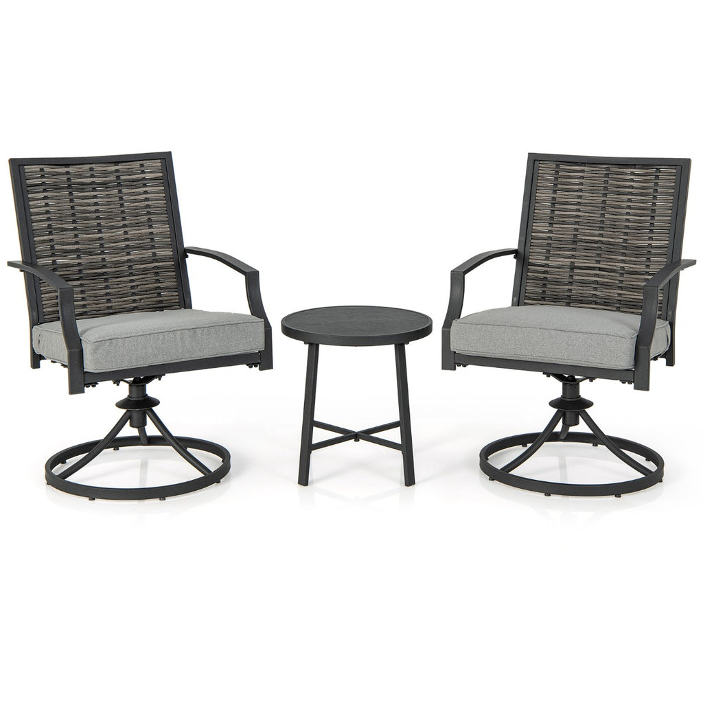 3 Piece Patio Swivel Chair Set with Coffee Table and Soft Seat Cushions