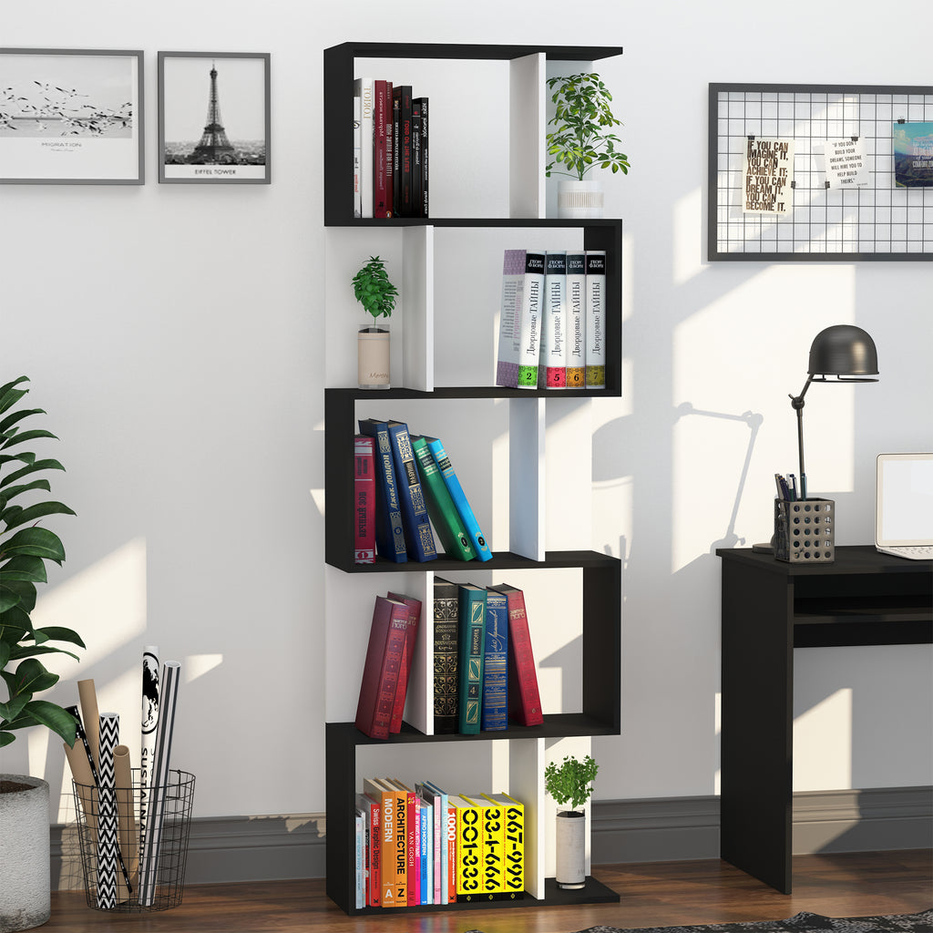 HOMCOM 5-tier Bookcase Storage Display Shelving S Shape design Unit Divider Black - Inspirely