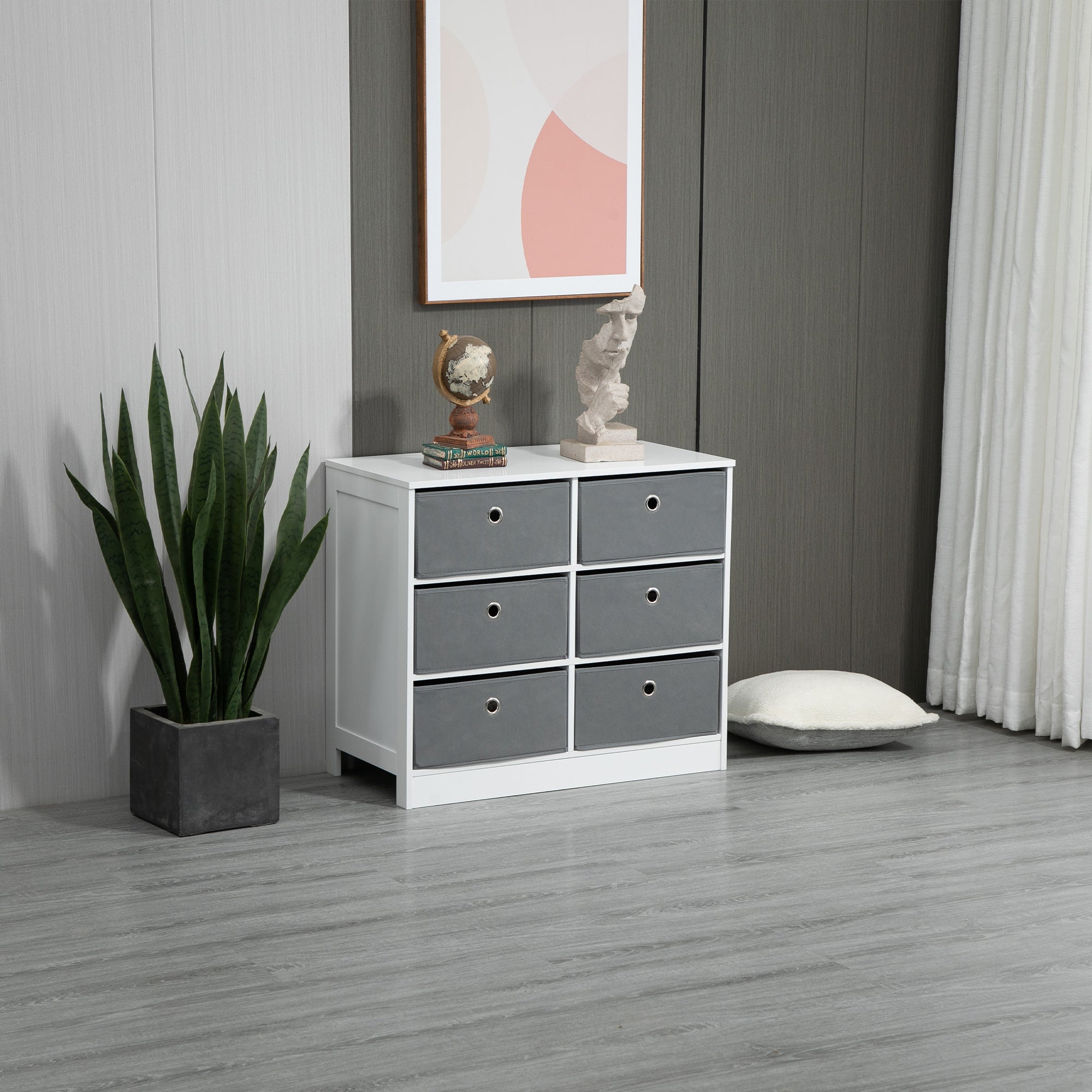 HOMCOM Chests of Drawer, Fabric Dresser Storage Cabinet with 6 Drawers for Bedroom, Living Room and Hallway, White and Grey - Inspirely