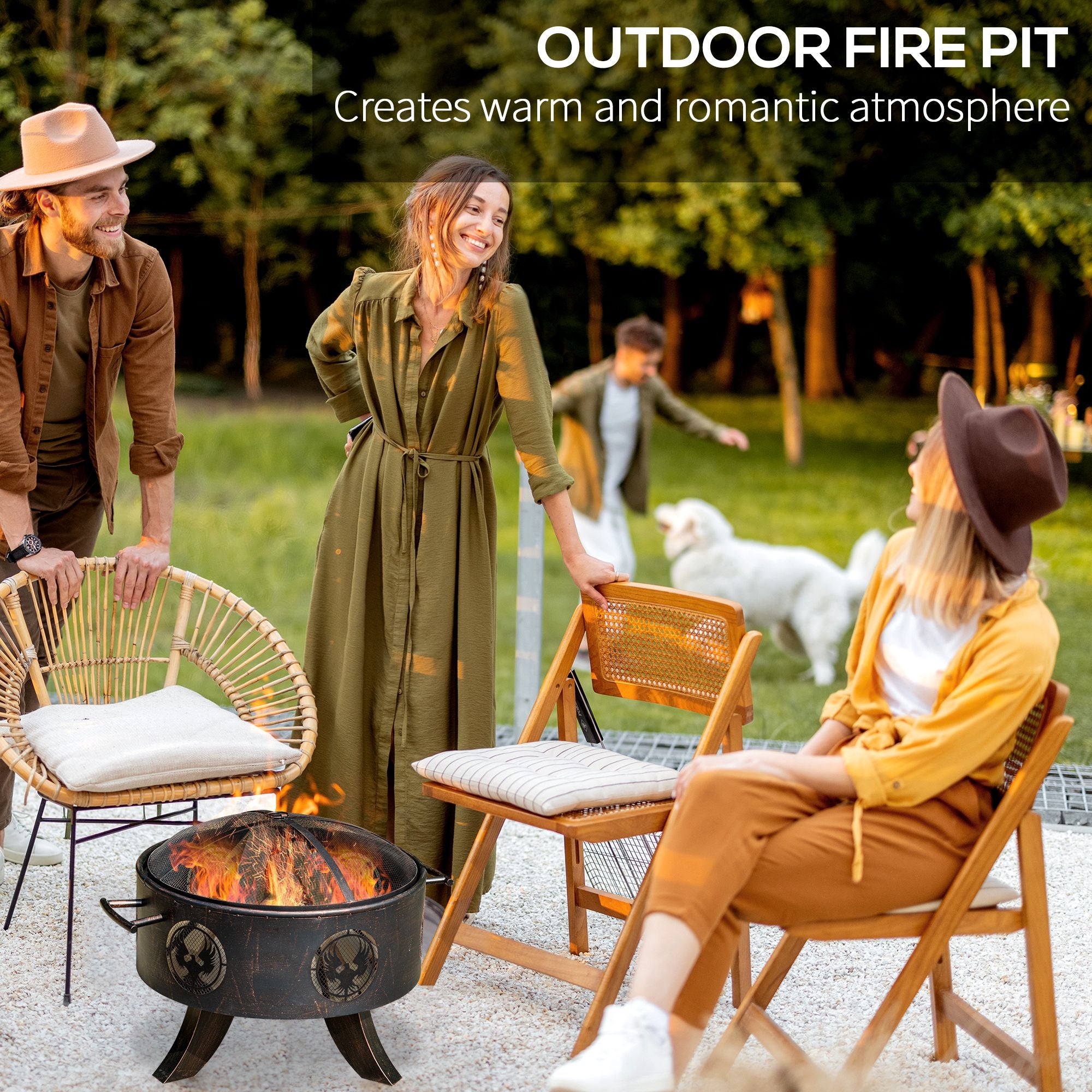 Outsunny Outdoor Fire Pit with Screen Cover, Portable Wood Burning Firebowl with Poker for Patio, Backyard, Bronze - Inspirely