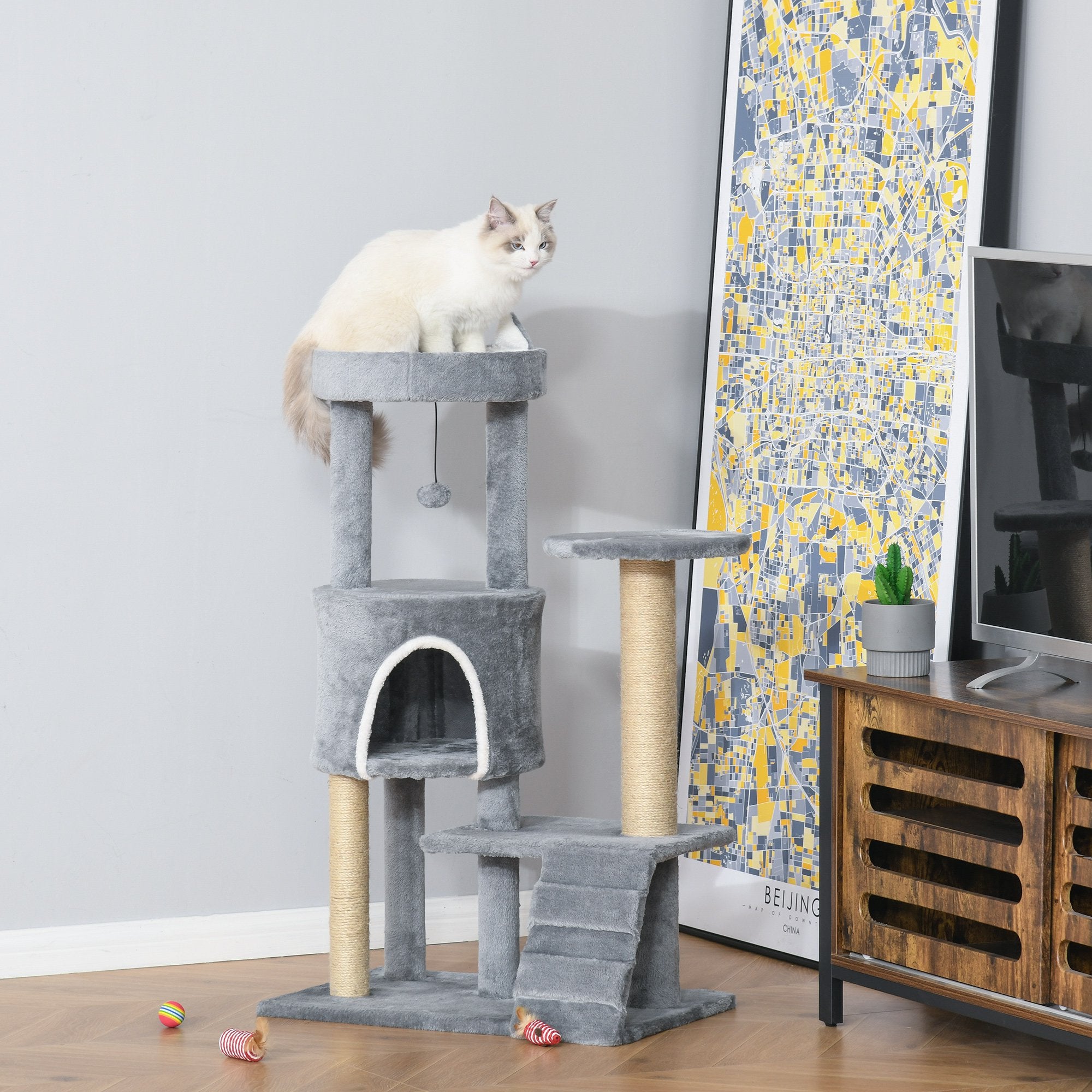 PawHut 100cm Cat Tree Tower Condo Multi Platform Kitty Cat Center with Climbing Ladder Scratching Post Hanging Toy Ball, Light Grey - Inspirely
