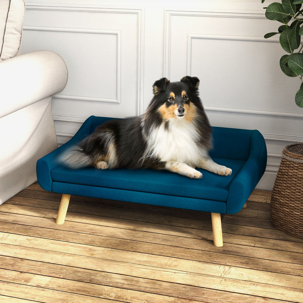 PawHut Dog Couch with Soft Cushion, Pet Sofa Bed with Wooden Frame, Removable Cover, for Medium and Large Dogs, Blue