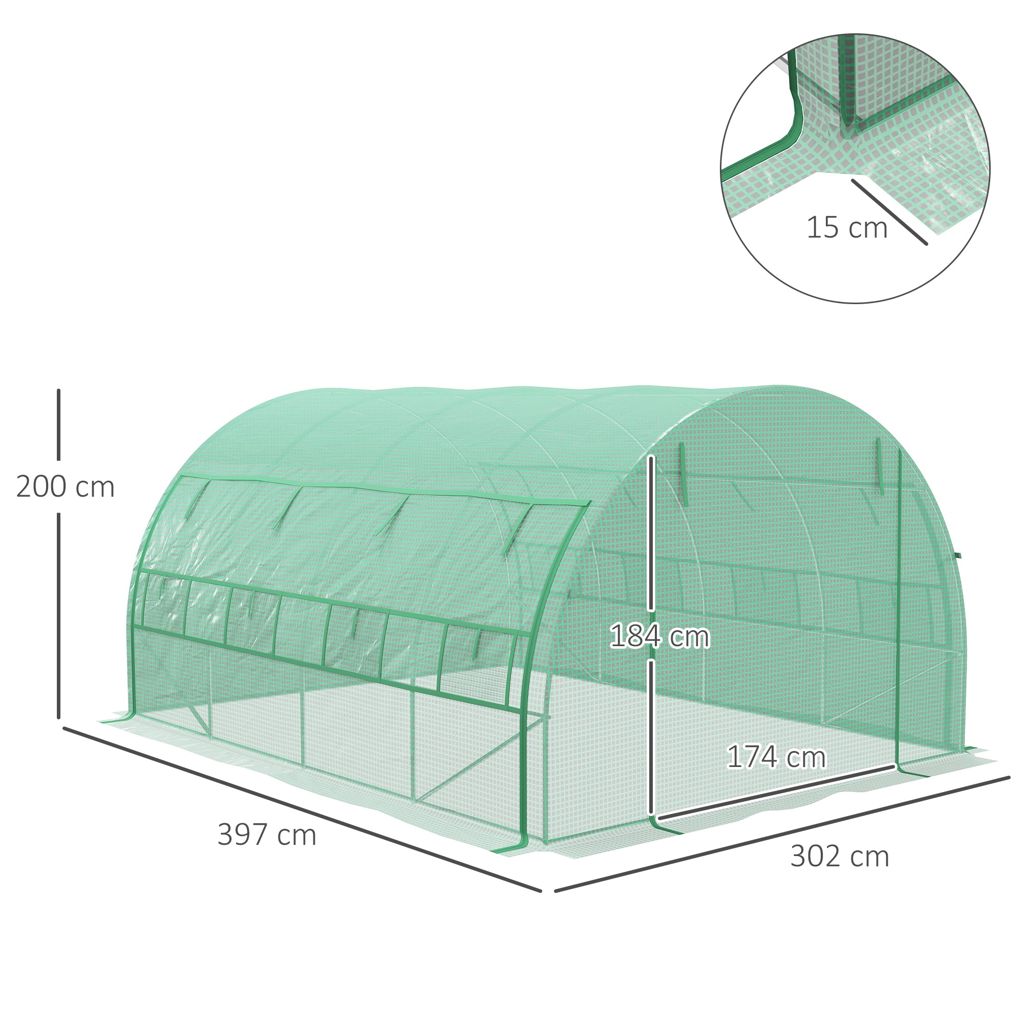 Outsunny Polytunnel Greenhouse Walk-in Grow House Tent with Roll-up Sidewalls, Zipped Door and 8 Windows, 4x3x2m Green