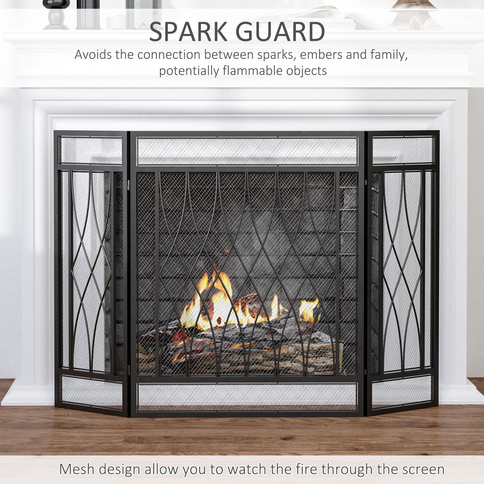 HOMCOM 3-Panel Folding Fireplace Screen, Metal Mesh Fire Spark Guard, 126L x 3W x 80H cm-Black - Inspirely