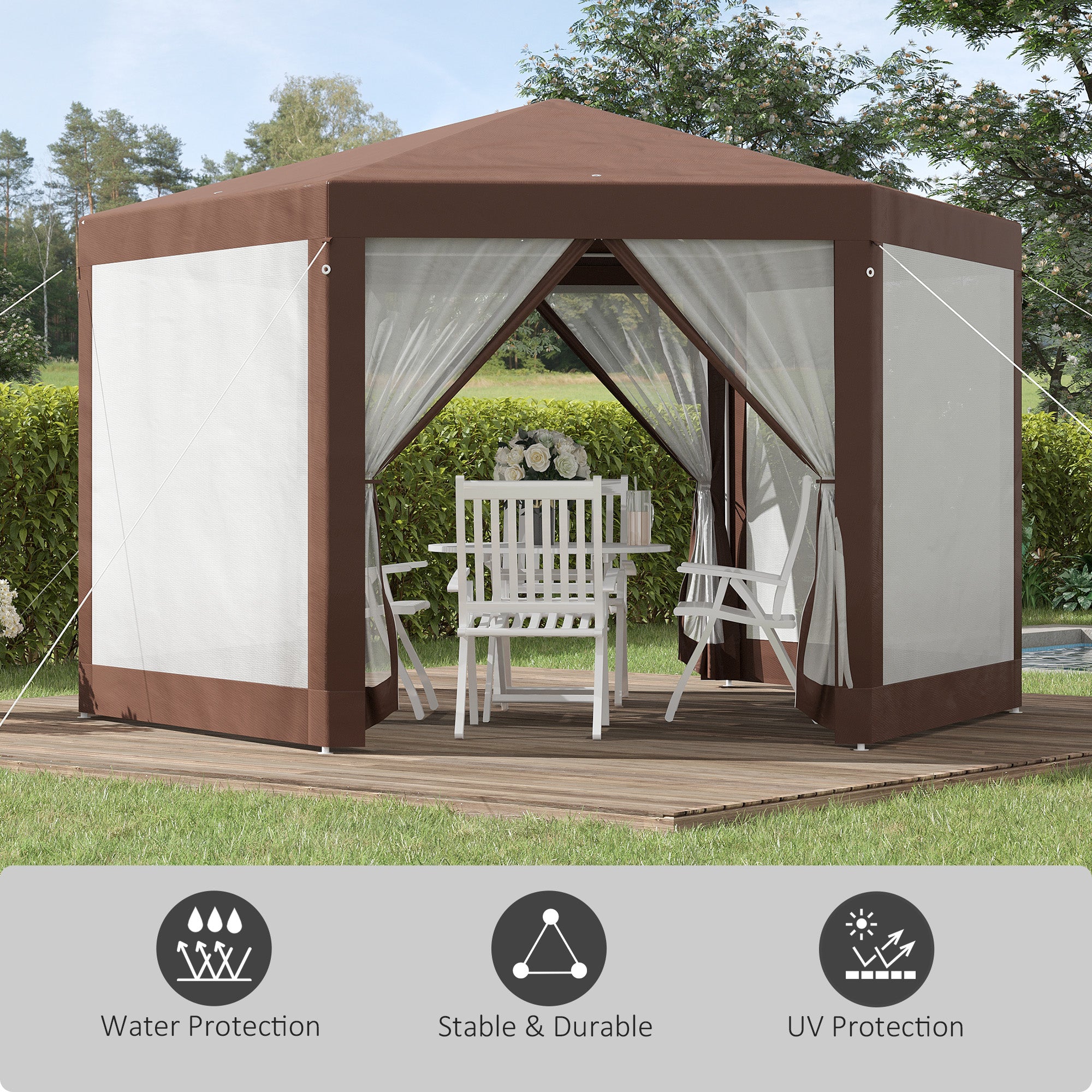 Outsunny Hexagonal Garden Gazebo Patio Party Outdoor Canopy Tent Sun Shelter with Mosquito Netting and Zipped Door, Brown