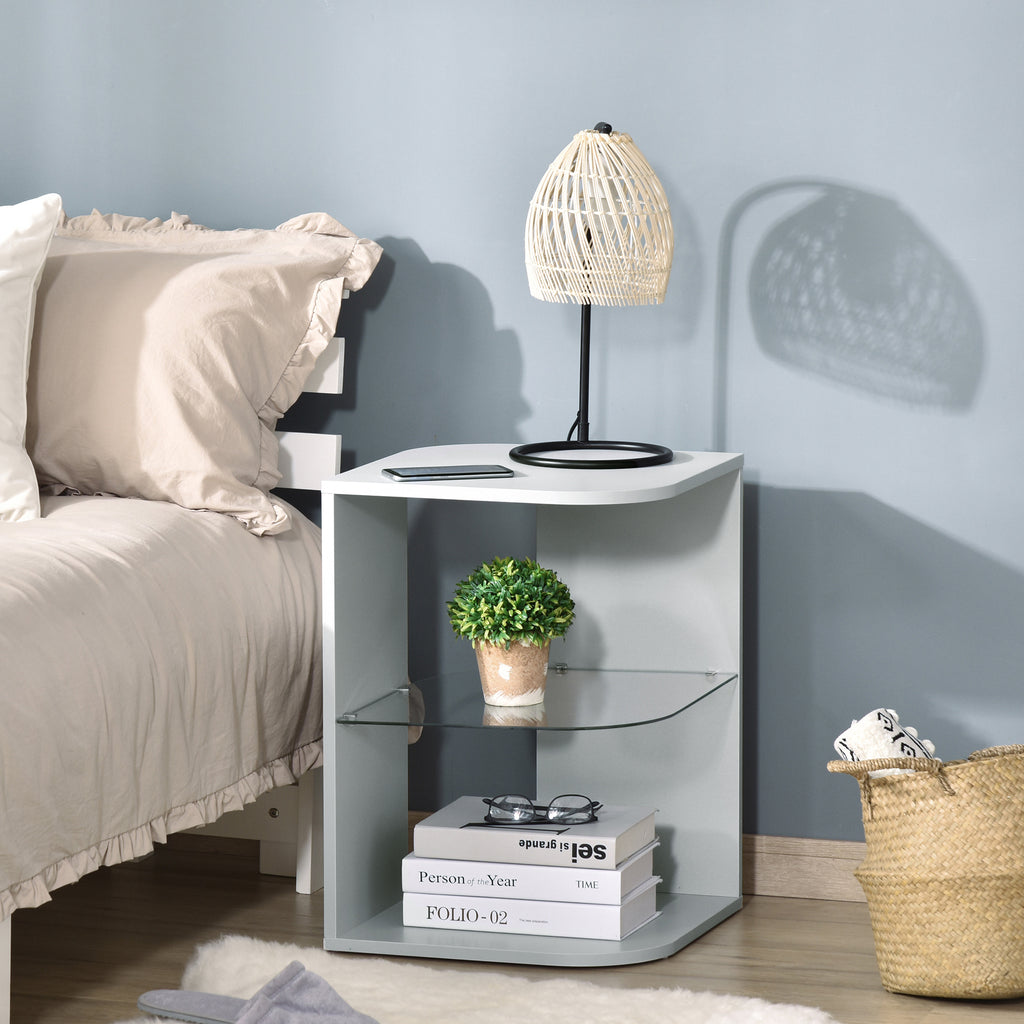 HOMCOM Modern Side Table Three Layer Bedside Table Nightstand with 2 Storage Shelves, for Living room, Bedroom, Grey - Inspirely
