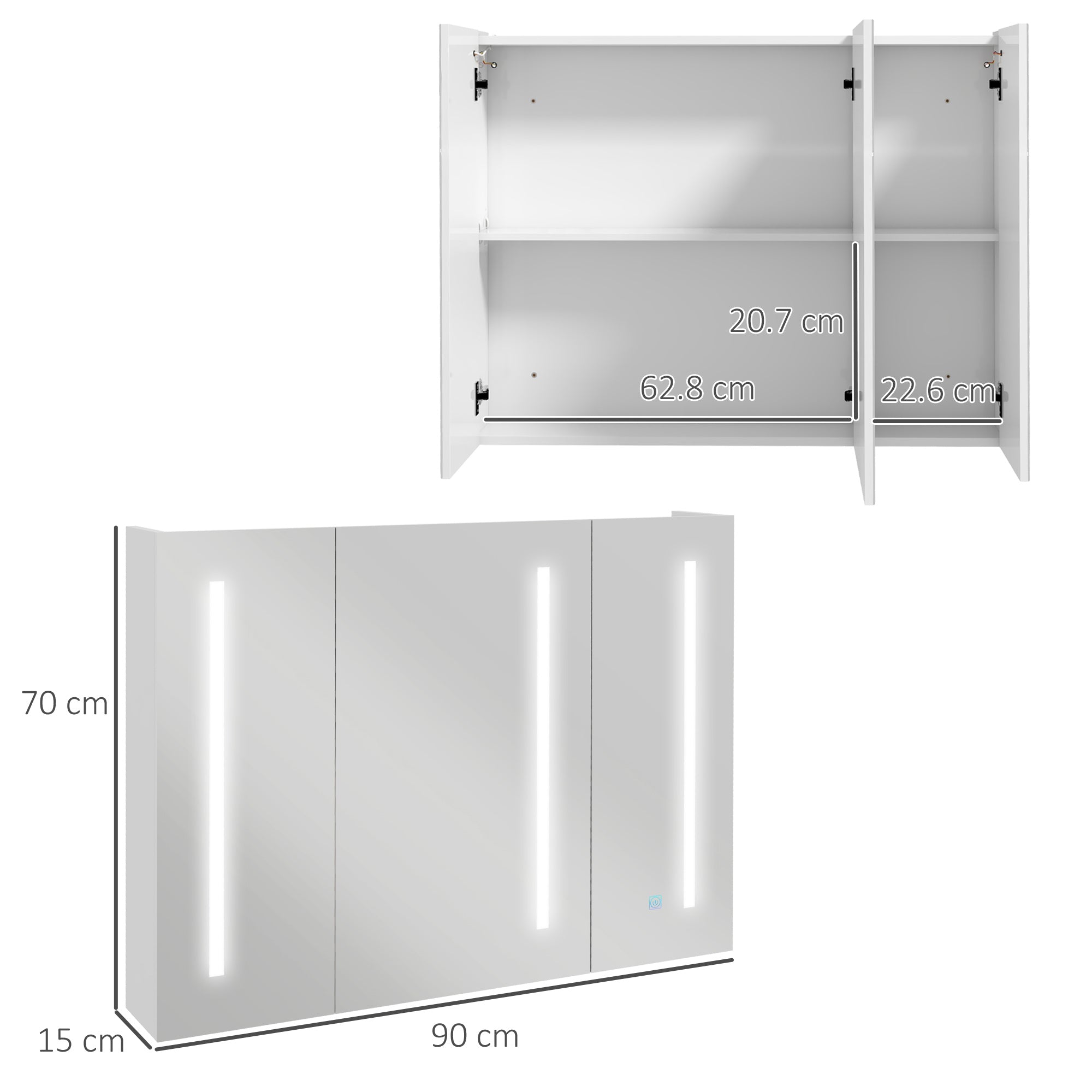 kleankin Bathroom Mirror Cabinet with Light, Bathroom Storage Cupboard with USB Charge, Adjustable Shelf, 90x15x70cm, White