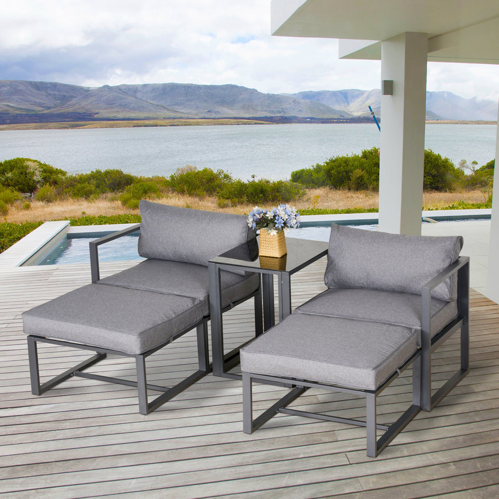 Garden Sun Lounger Set 2 Footstools End Table Cushions 5PCS-Grey - Inspirely