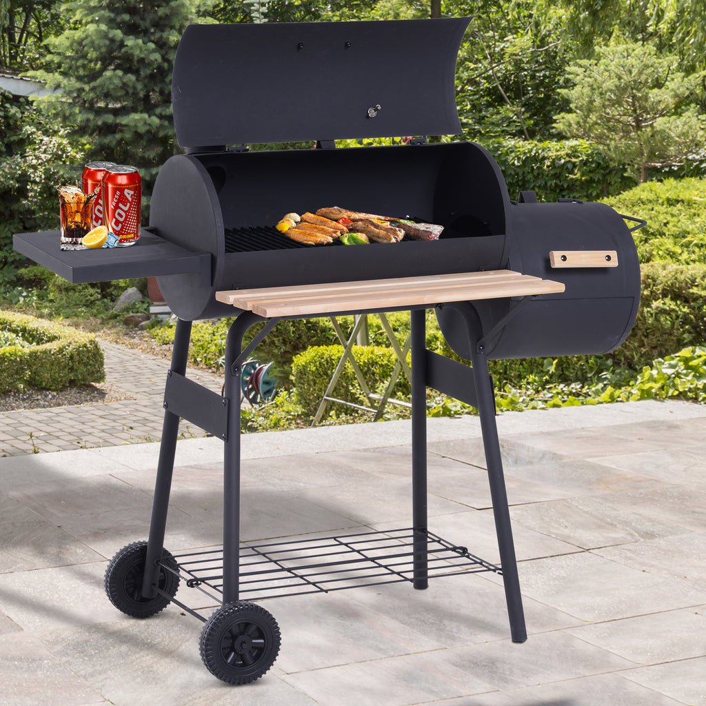 Outsunny Charcoal Barbecue Grill Garden Portable BBQ  Trolley w/ Offset Smoker Combo, Handy Shelves and On-lid Thermometer - Inspirely