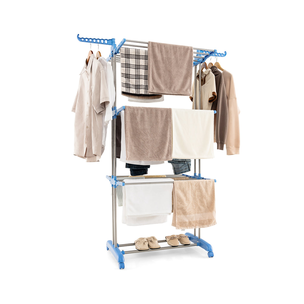 4-Tier Foldable Clothes Drying Rack with Lockable Wheels-Blue