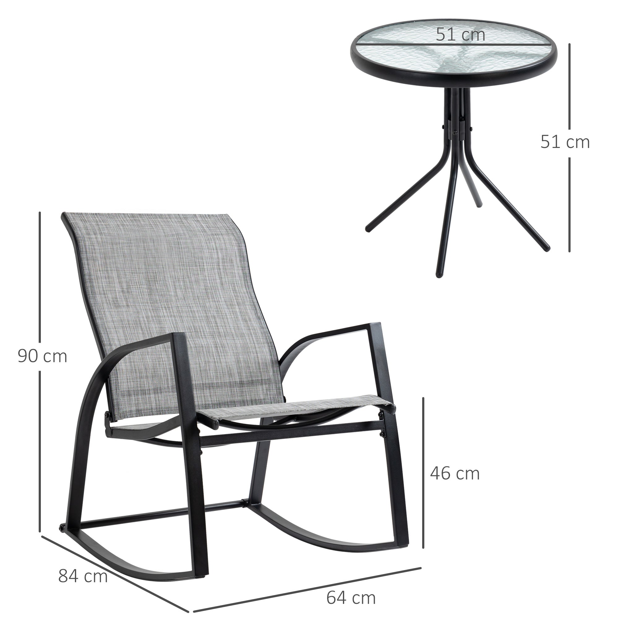 Outsunny 3 Pieces Outdoor Patio Bistro Set w/ 2 Rocking Chairs and Tempered Glass Table for Garden, Porch, Poolside, Grey - Inspirely