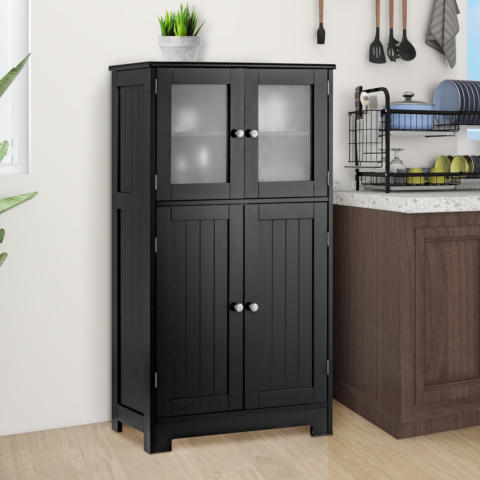 4-Door Bathroom Floor Cabinet with Glass Doors and Adjustable Shelf-Black