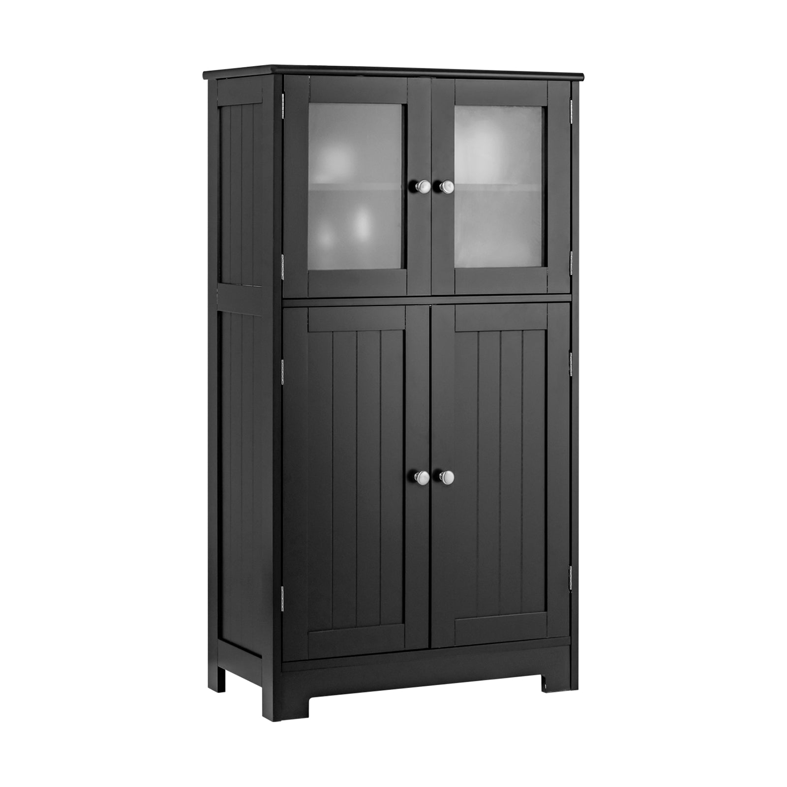 4-Door Bathroom Floor Cabinet with Glass Doors and Adjustable Shelf-Black