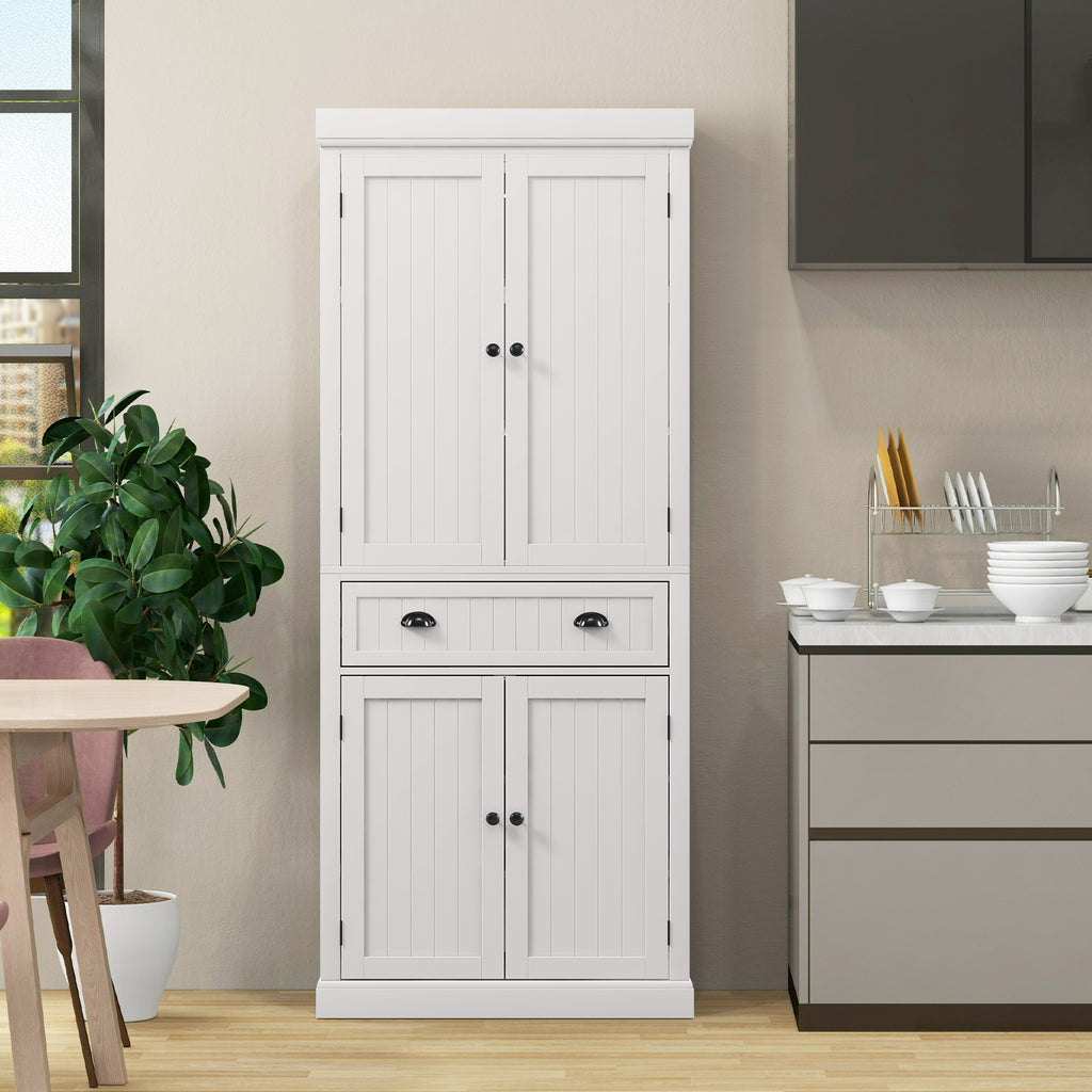 4-Door Tall Kitchen Cupboard Adjustable Shelves and Drawer-White