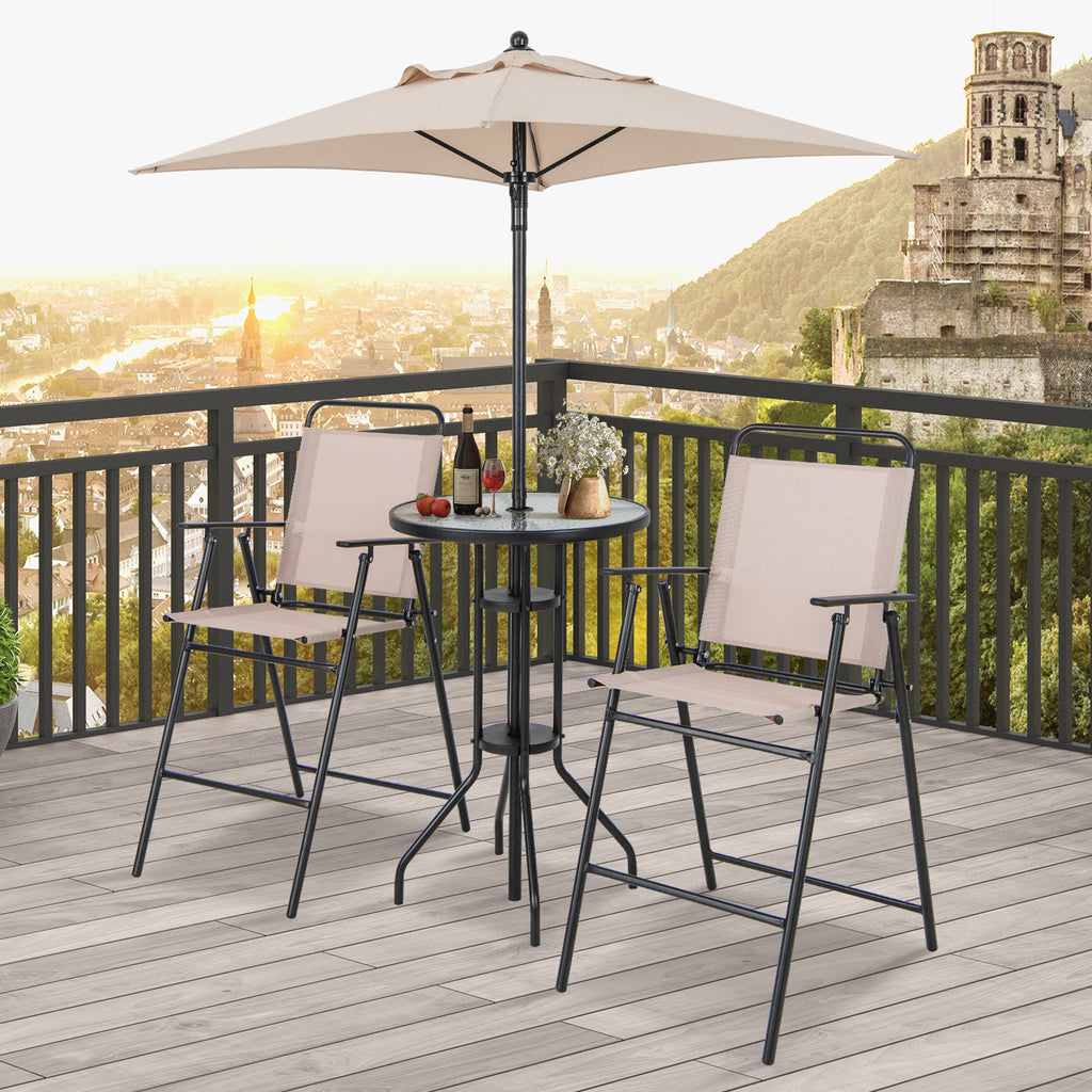 4 Pieces Outdoor Bar Set with 2 Folding Counter Height Chairs and Umbrella-Beige