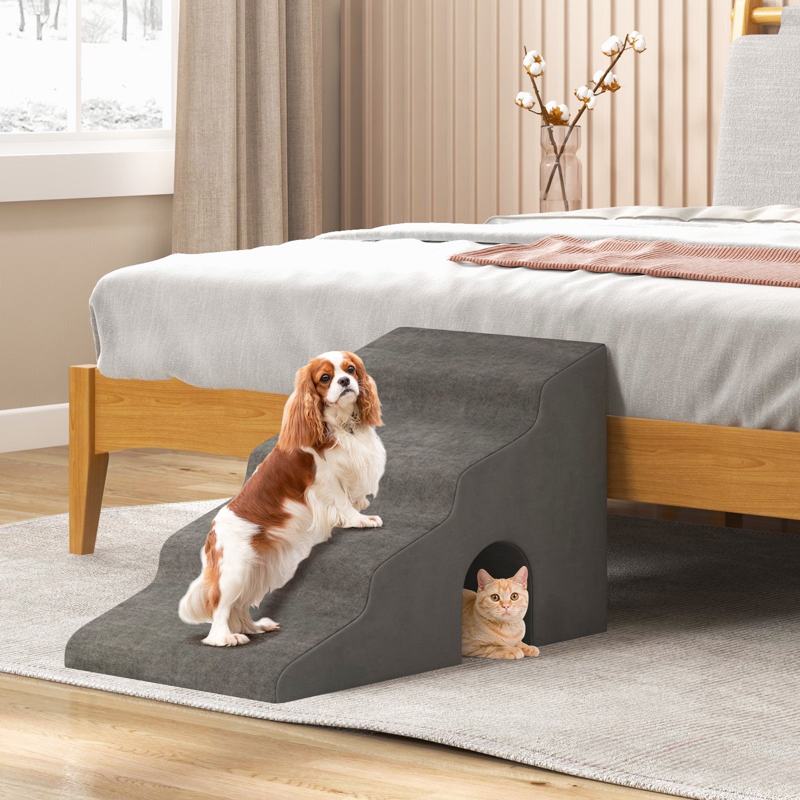 4-Tier High Density Foam Dog Ramps for High Beds and Couches-Grey