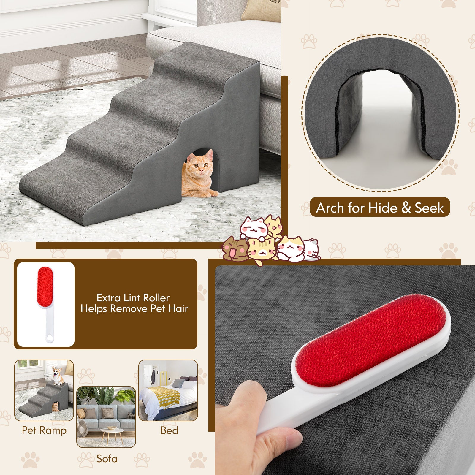 4-Tier High Density Foam Dog Ramps for High Beds and Couches-Grey